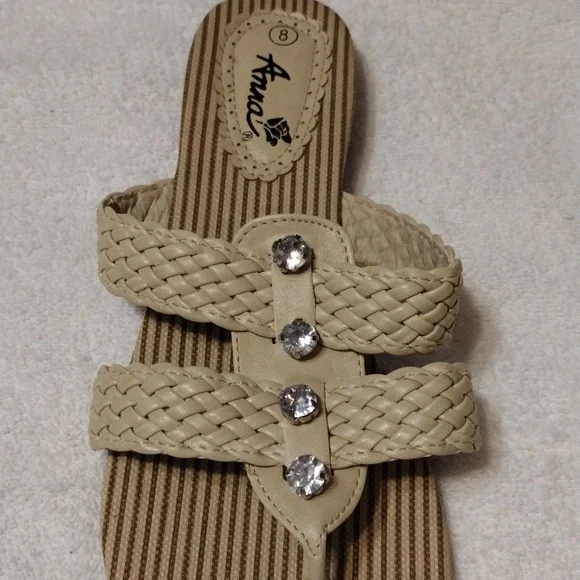 Anna, women's two strap jeweled sandal in tan. - Picture 2 of 5